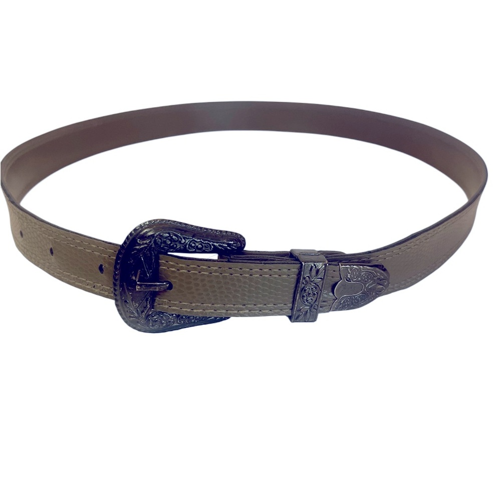 Western Style Putty Colored Faux Leather Belt with Decorated Metal Buckle & Trim